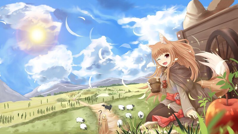 Fox-eared Girl in Field — Blue, Serene, Afternoon, Anime, Sheep