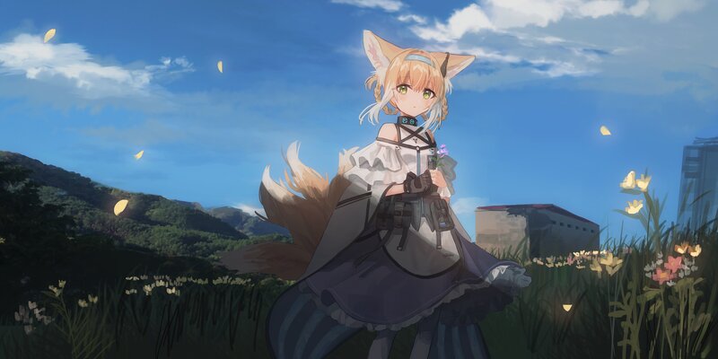 Fox-eared Girl in Field — Blue, Serene, Afternoon, Digital Art