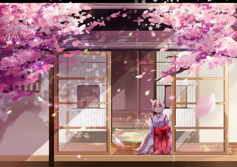 Fox-eared Girl in Kimono — Pink, Serene