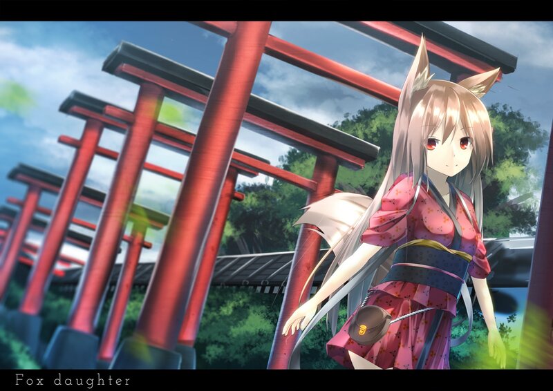 Fox-eared Girl in Kimono — Red, Serene