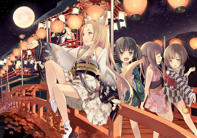 Fox-eared Girl in Kimono — White, Festive