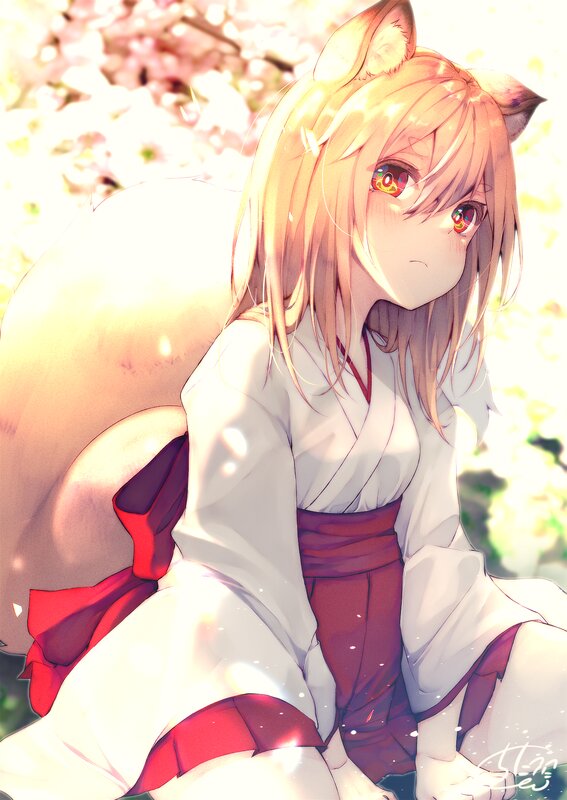 Fox-eared Girl in Kimono — White, Serene, Spring