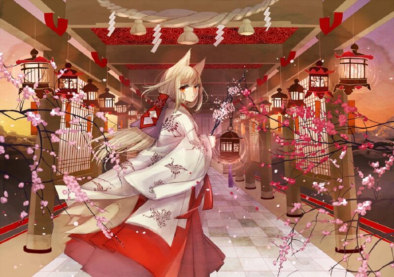 Fox-eared Girl in Kimono — White, Serene, Sunset