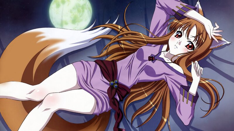 Fox-eared Girl Lying Down — Purple, Dramatic, Night, Anime, Moon