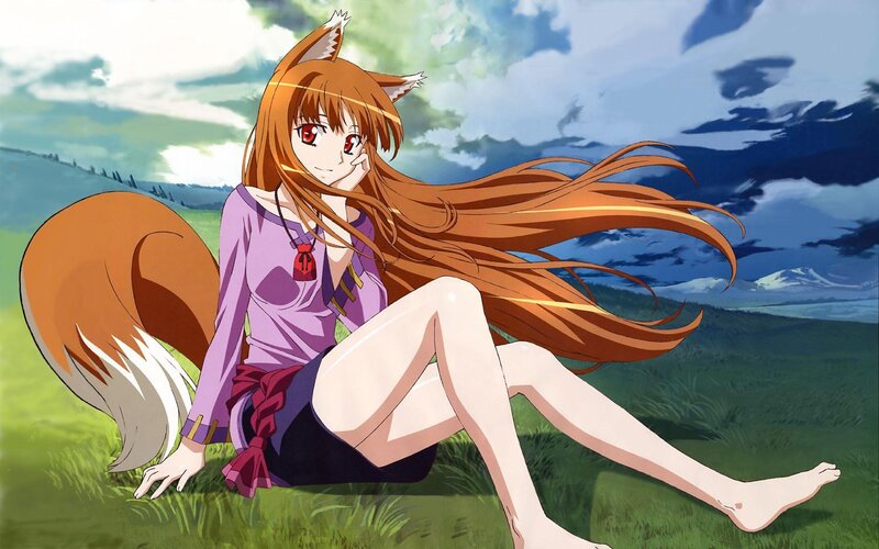 Fox-eared Girl Sitting — Green, Serene, Afternoon, Anime, Grass Field, Cloudy Sky