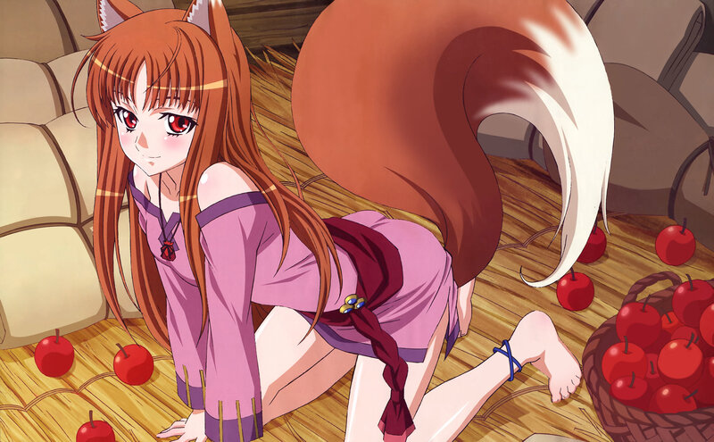 Fox-eared Girl with Apples — Brown, Playful, Anime, Basket, Tail, Red