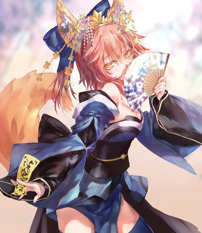 Fox-eared Girl with Fan — Blue