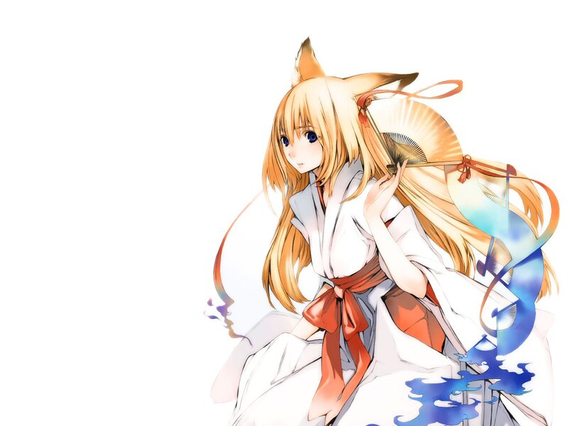 Fox-eared Girl with Fan — White, Calm