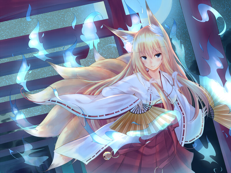 Fox-eared Girl with Fan — White
