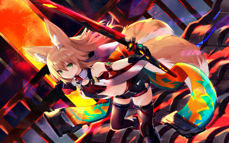 Fox-eared Girl with Sword — Red, Dramatic, Anime