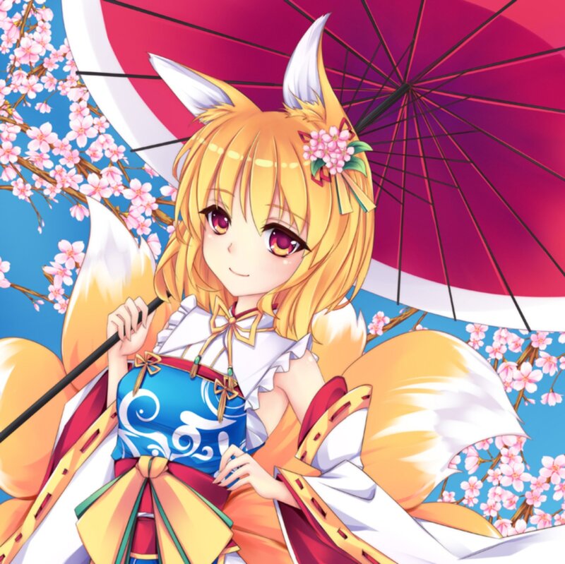Fox-eared Girl with Umbrella — Blue, Serene, Spring