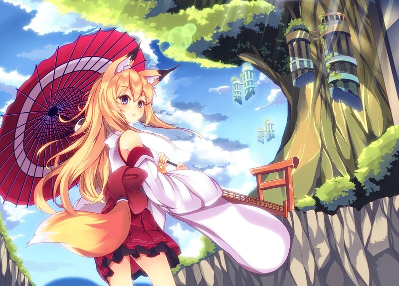 Fox-eared Girl with Umbrella — Blue, Serene