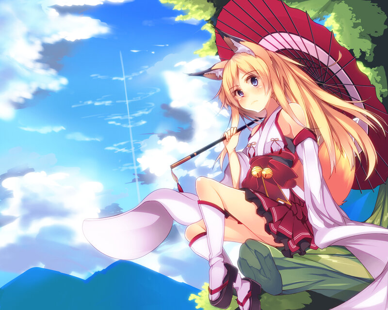 Fox-eared Girl with Umbrella — Blue