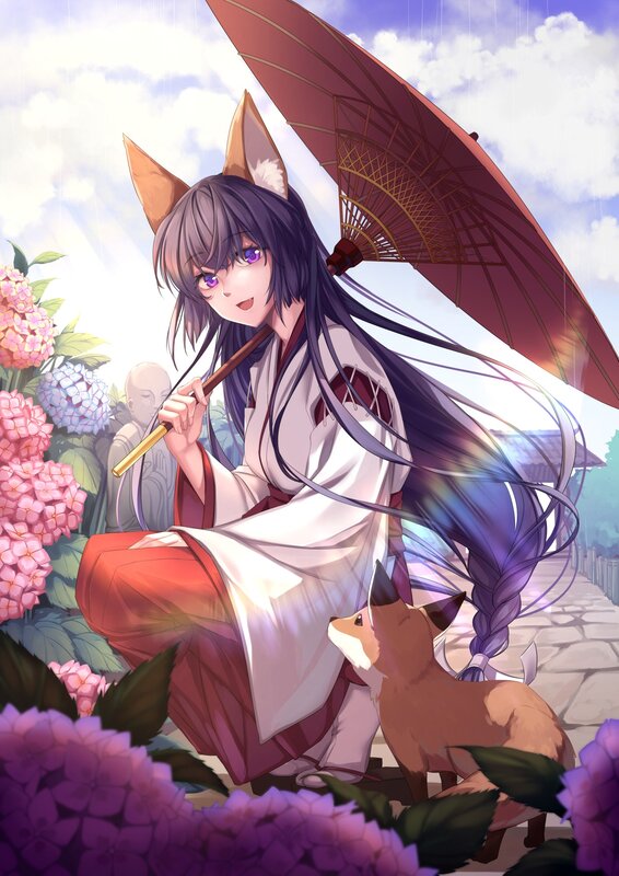 Fox-eared Girl with Umbrella — Purple, Serene