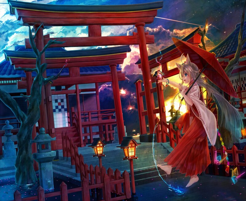 Fox-eared Girl with Umbrella — Red, Dramatic