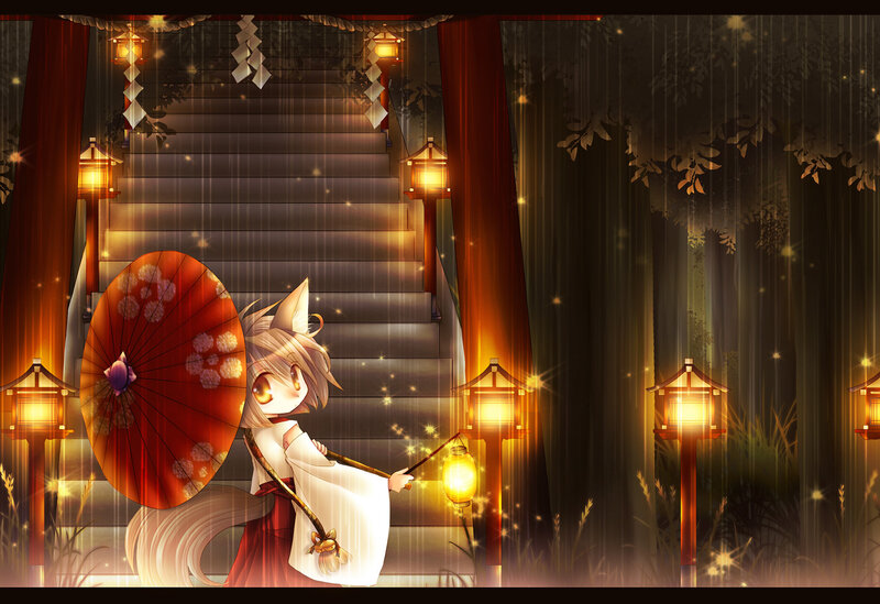 Fox-eared Girl with Umbrella — Red