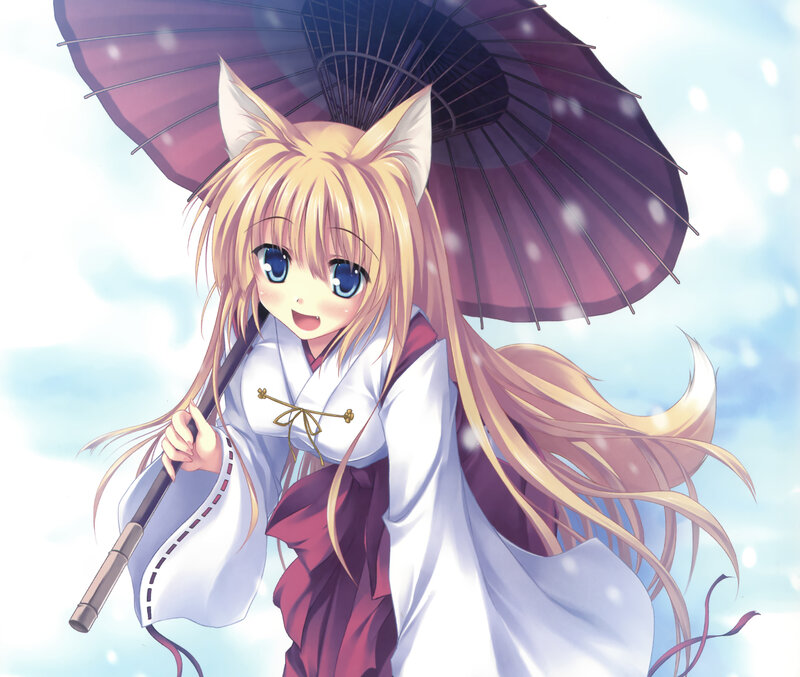 Fox-eared Girl with Umbrella — White