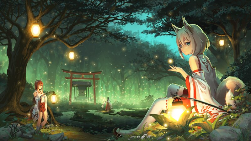 Fox-eared Girls in Forest — Green