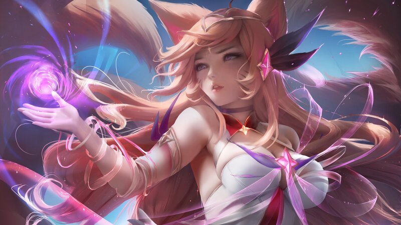Fox-eared Woman Casting Spell — Purple, Dramatic, Digital Art