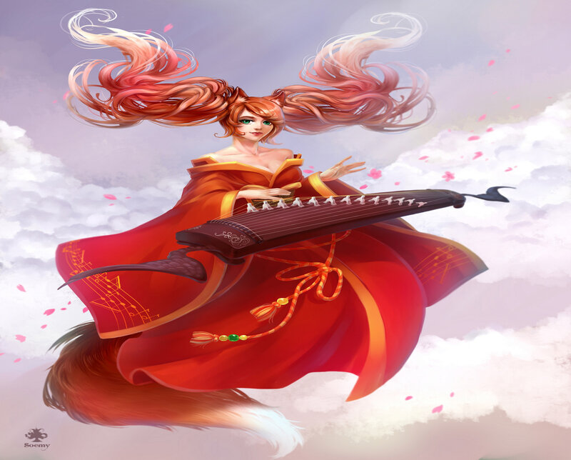 Fox-eared Woman Playing Zither