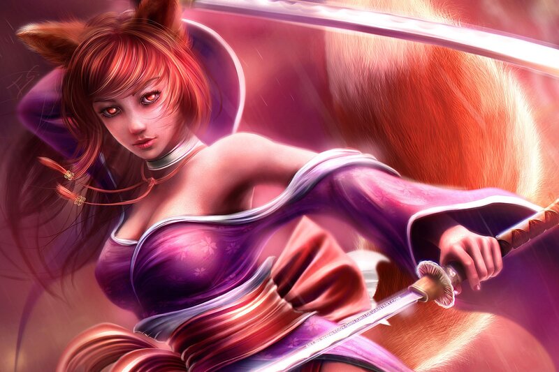 Fox-eared Woman with Sword — Purple