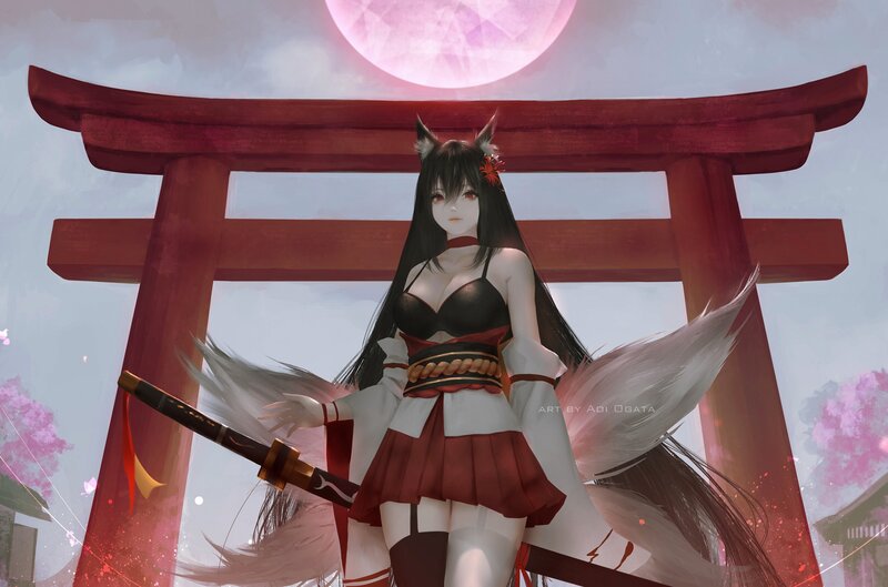 Fox-eared Woman with Sword — Red