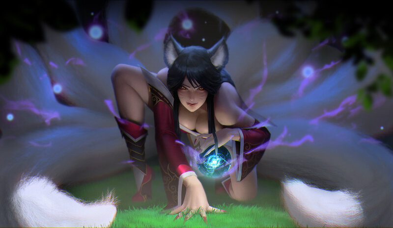 Fox-eared Woman with Tails — Blue, Dramatic