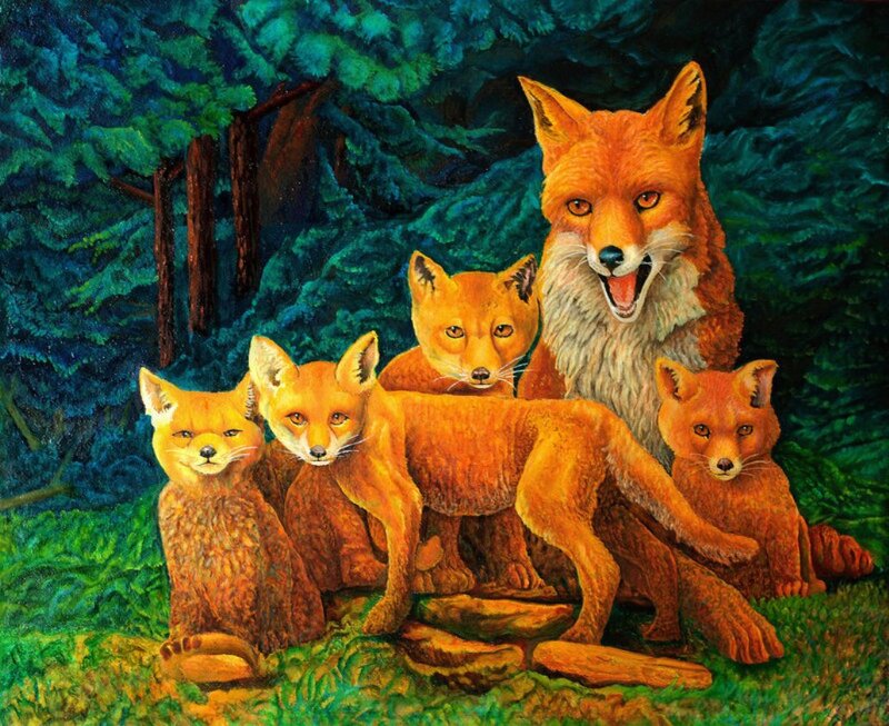Fox Family in Forest — Orange, Peaceful