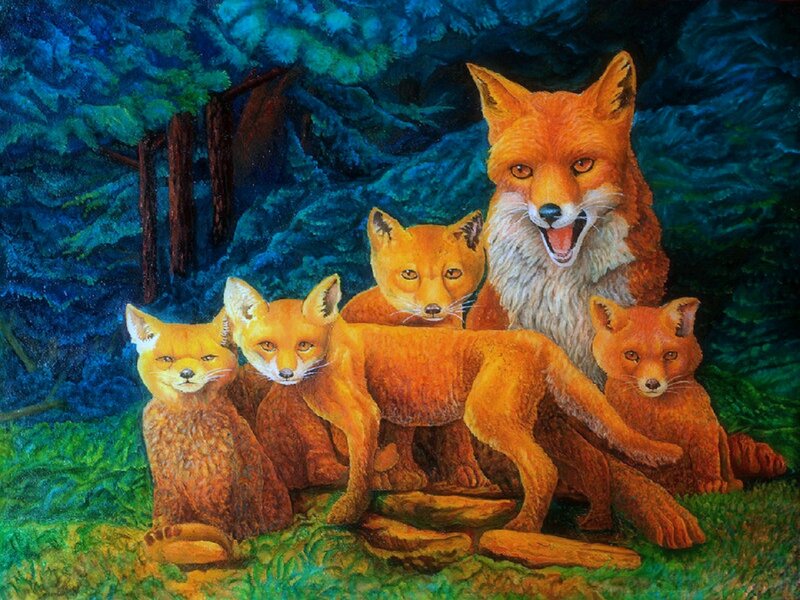 Fox Family in Forest — Orange, Serene, Night