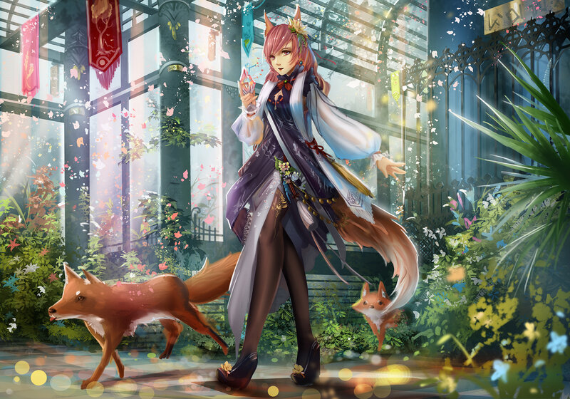 fox girl in a greenhouse
