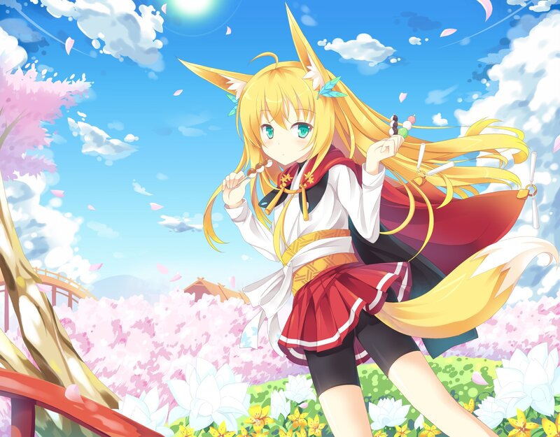 fox girl in cherry blossom garden