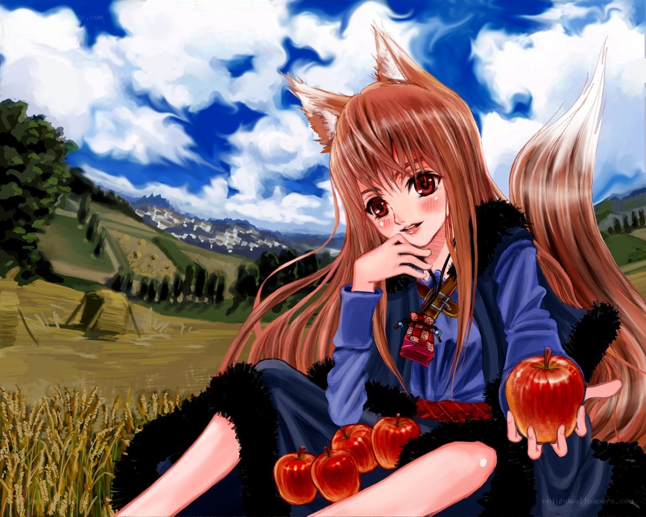 fox girl with apples in field