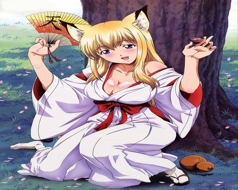 fox girl with fan and cup