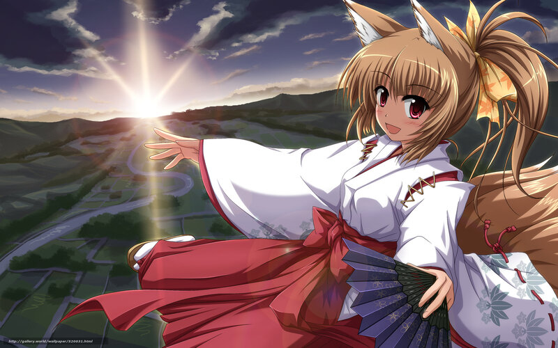 fox girl with fan at sunset