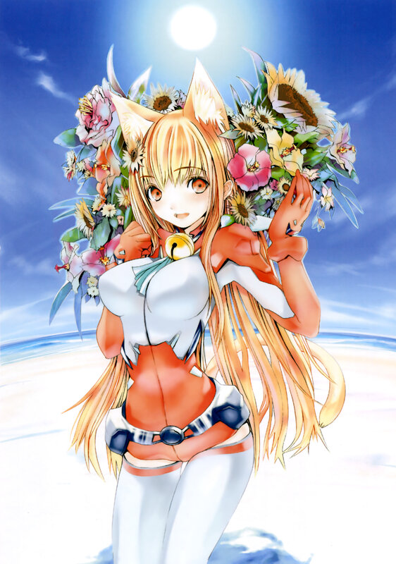 fox girl with flowers on beach