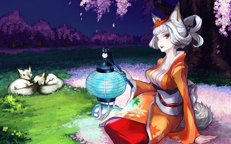 fox girl with lantern in cherry blossoms