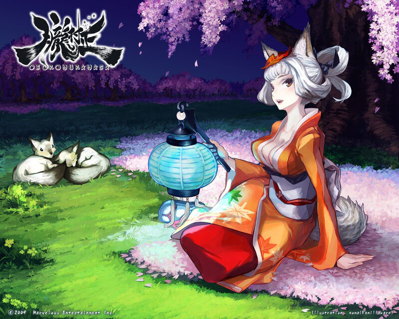 Fox girl with lantern in cherry blossoms
