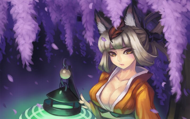 fox girl with lantern under wisteria