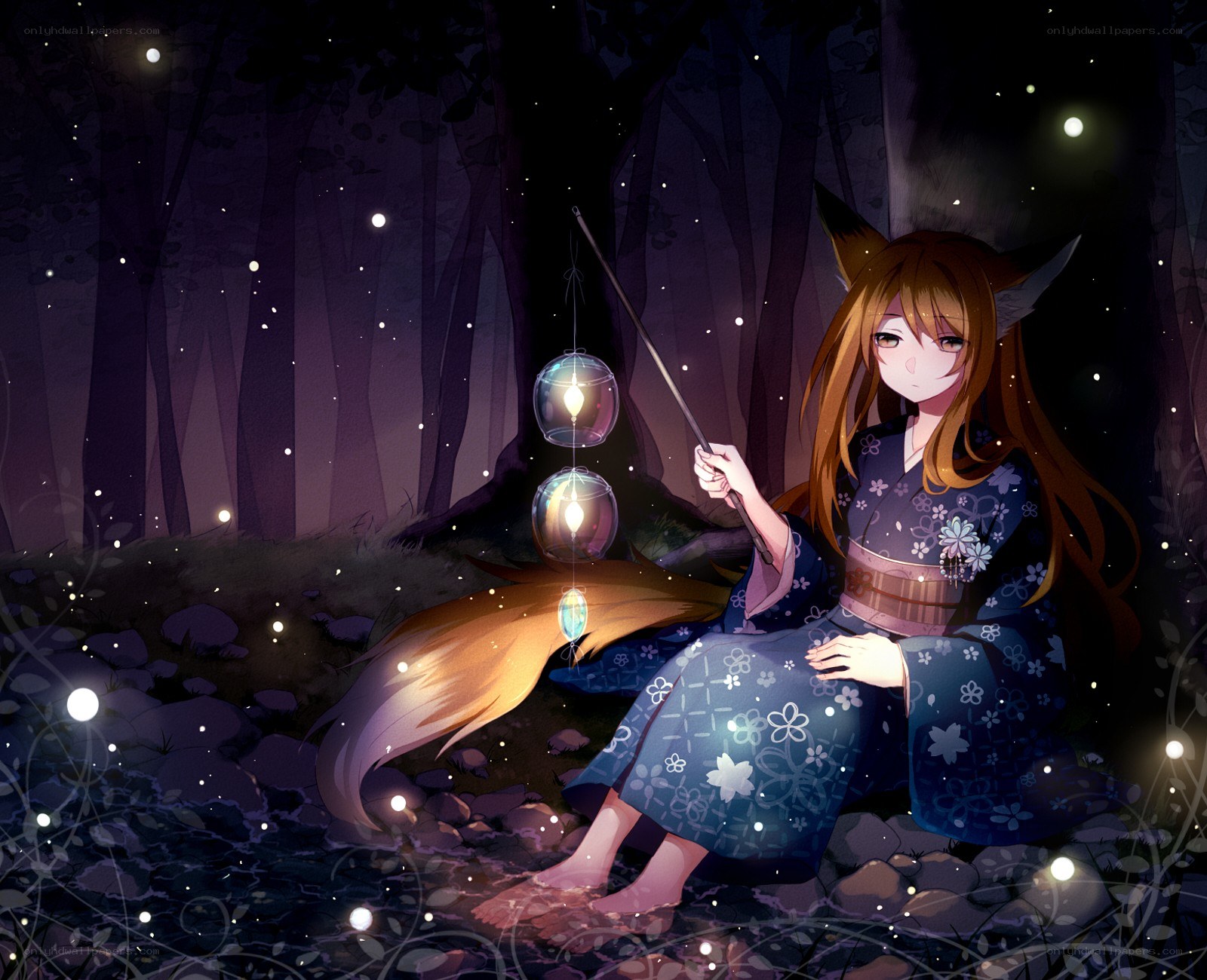 Fox girl with lanterns in forest