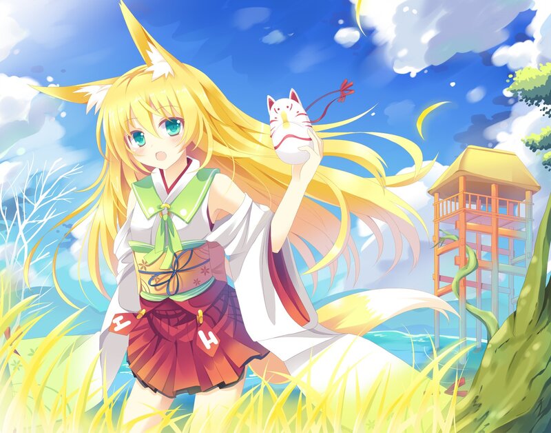 fox girl with mask in field