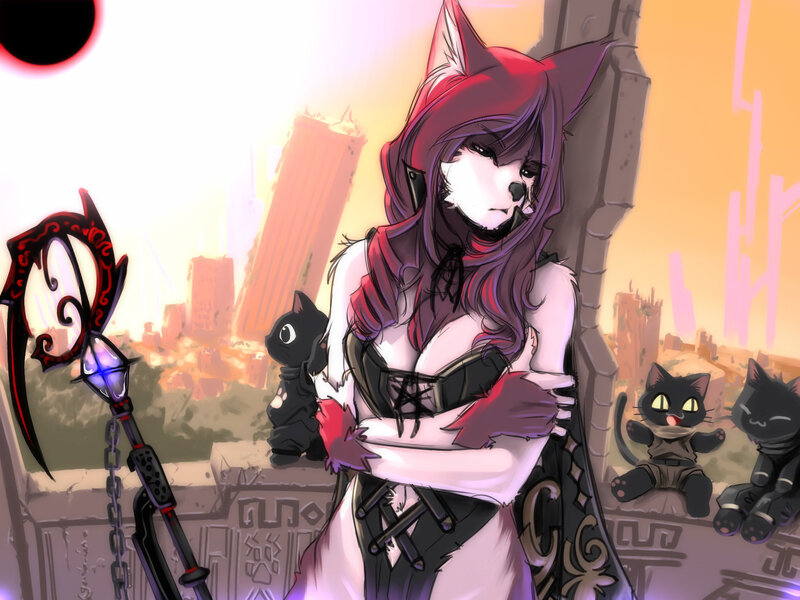 fox girl with staff and cats