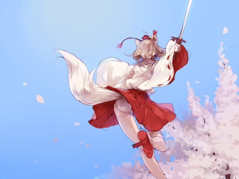 fox girl with sword in sky