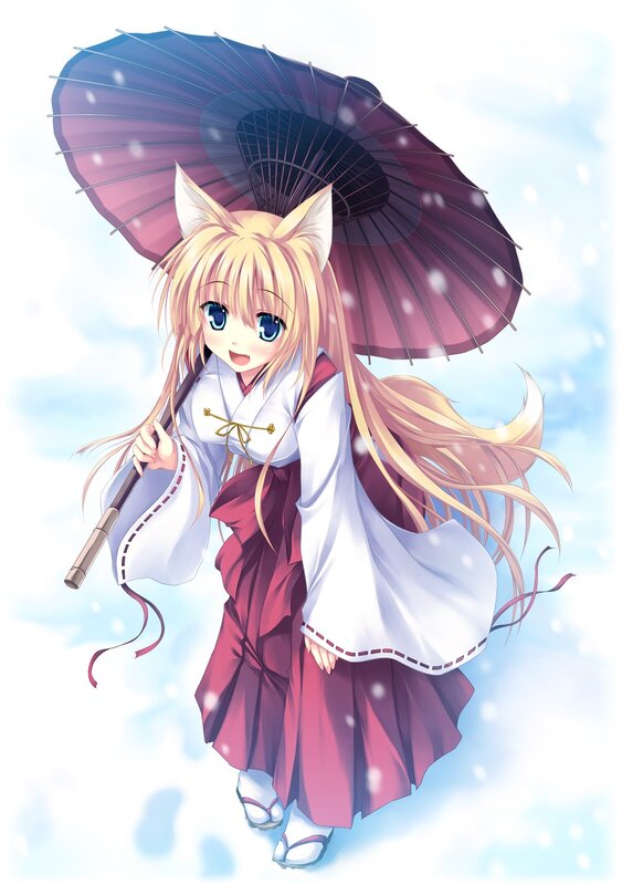 fox girl with umbrella in snow