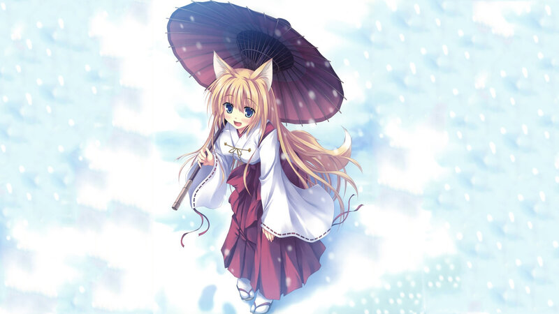 fox girl with umbrella in snow