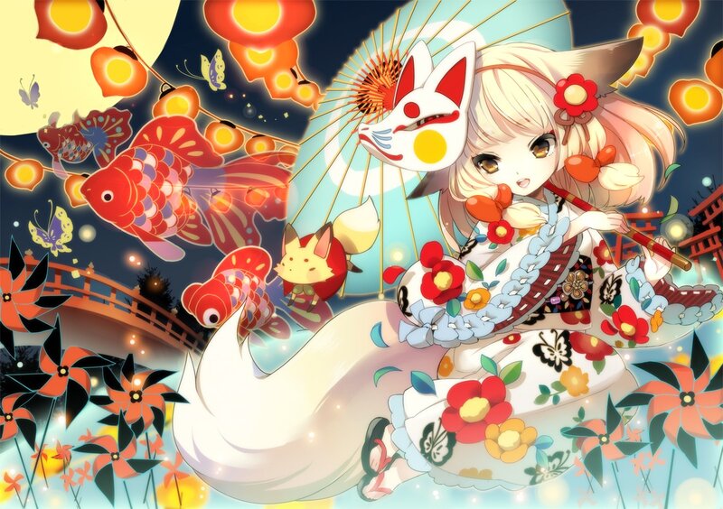 Fox Girl with Umbrella — White, Festive