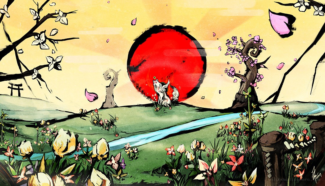 Fox in a cherry blossom field