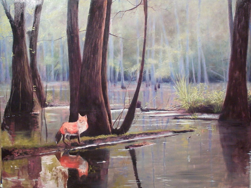 Fox in a swamp forest