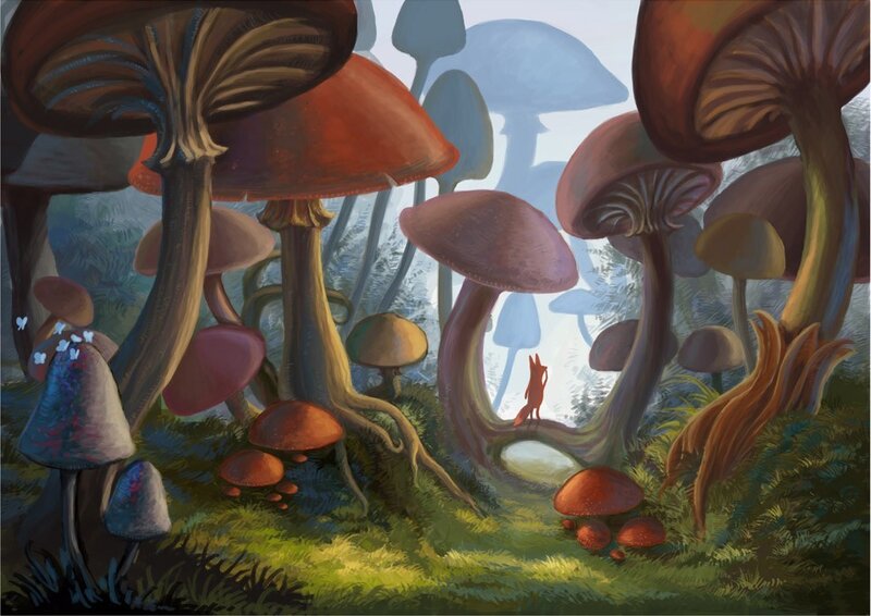 Fox in Mushroom Forest