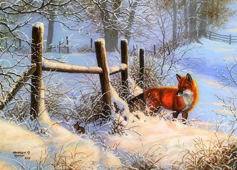Fox in Snowy Field — White