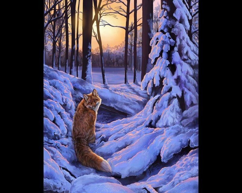 Fox in Snowy Forest — Blue, Serene